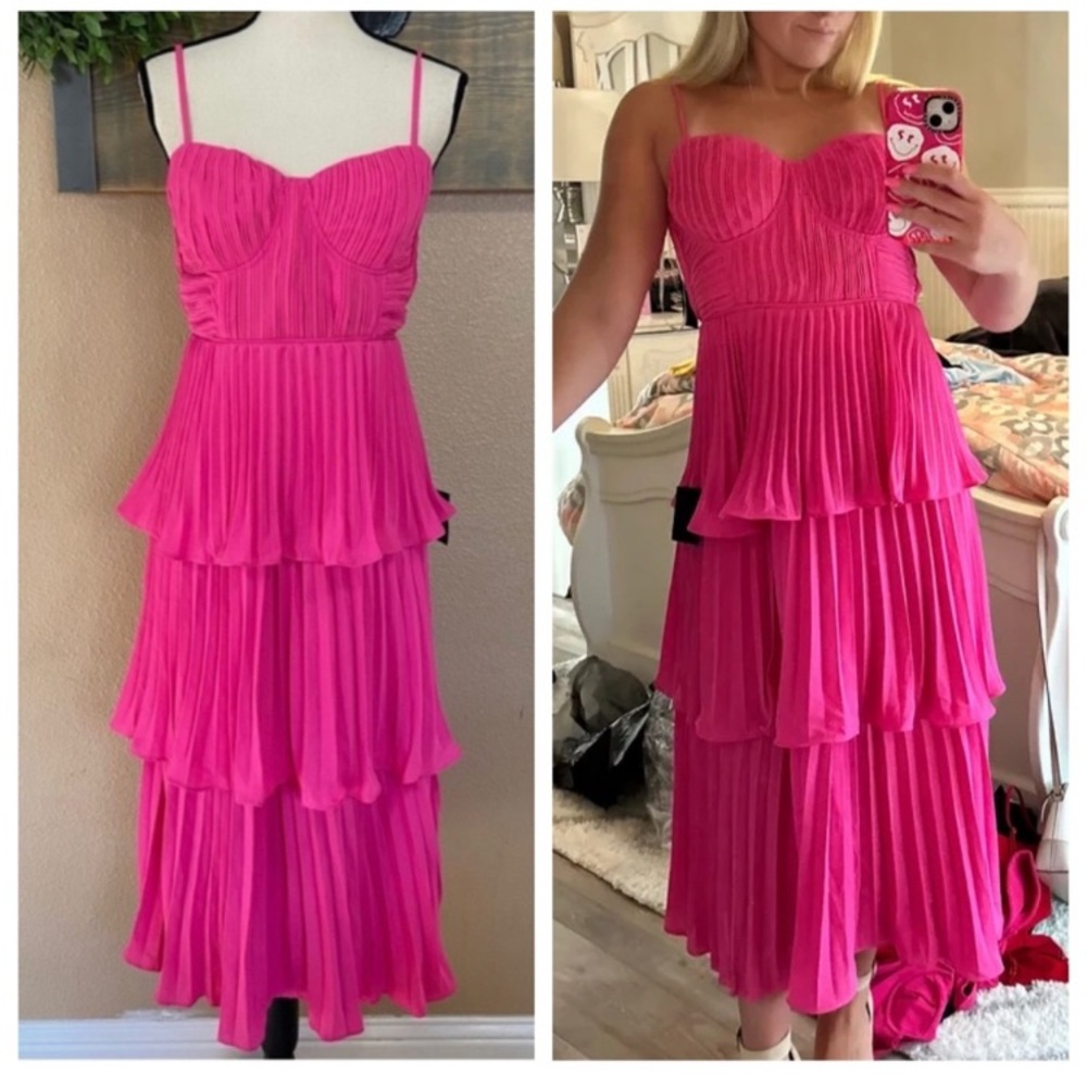 NWOT Lulus Cascading Crush Hot Pink Tiered Bustier Midi Dress
